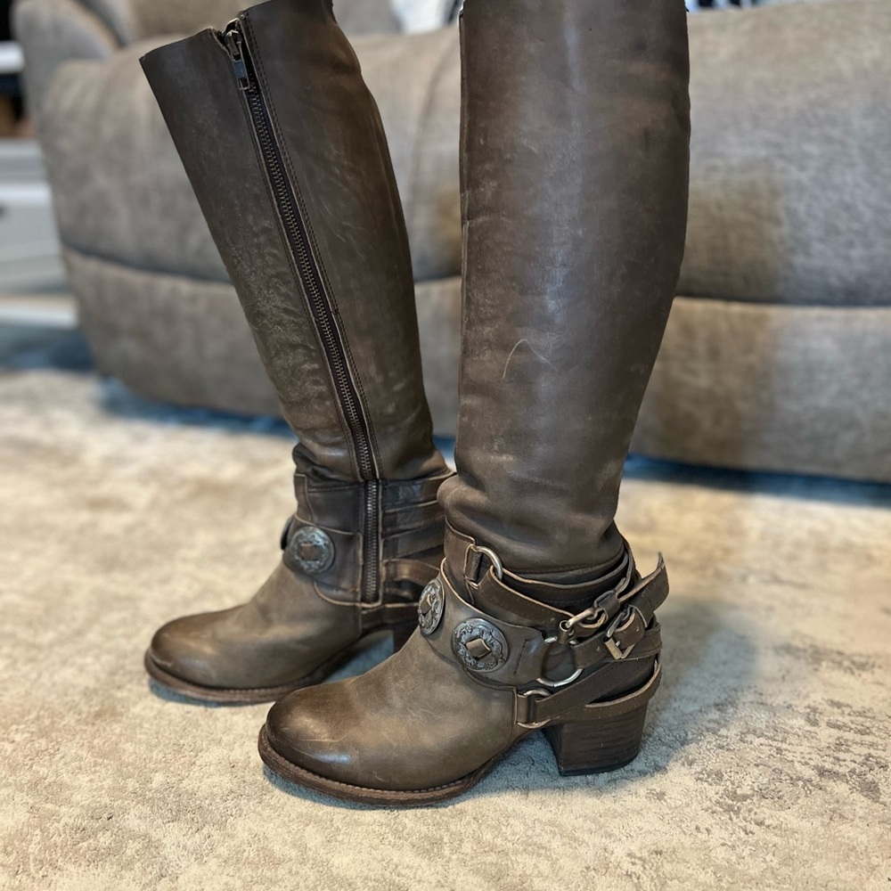Freebird by Steven Dark Brown Leather Harness Knee Boots